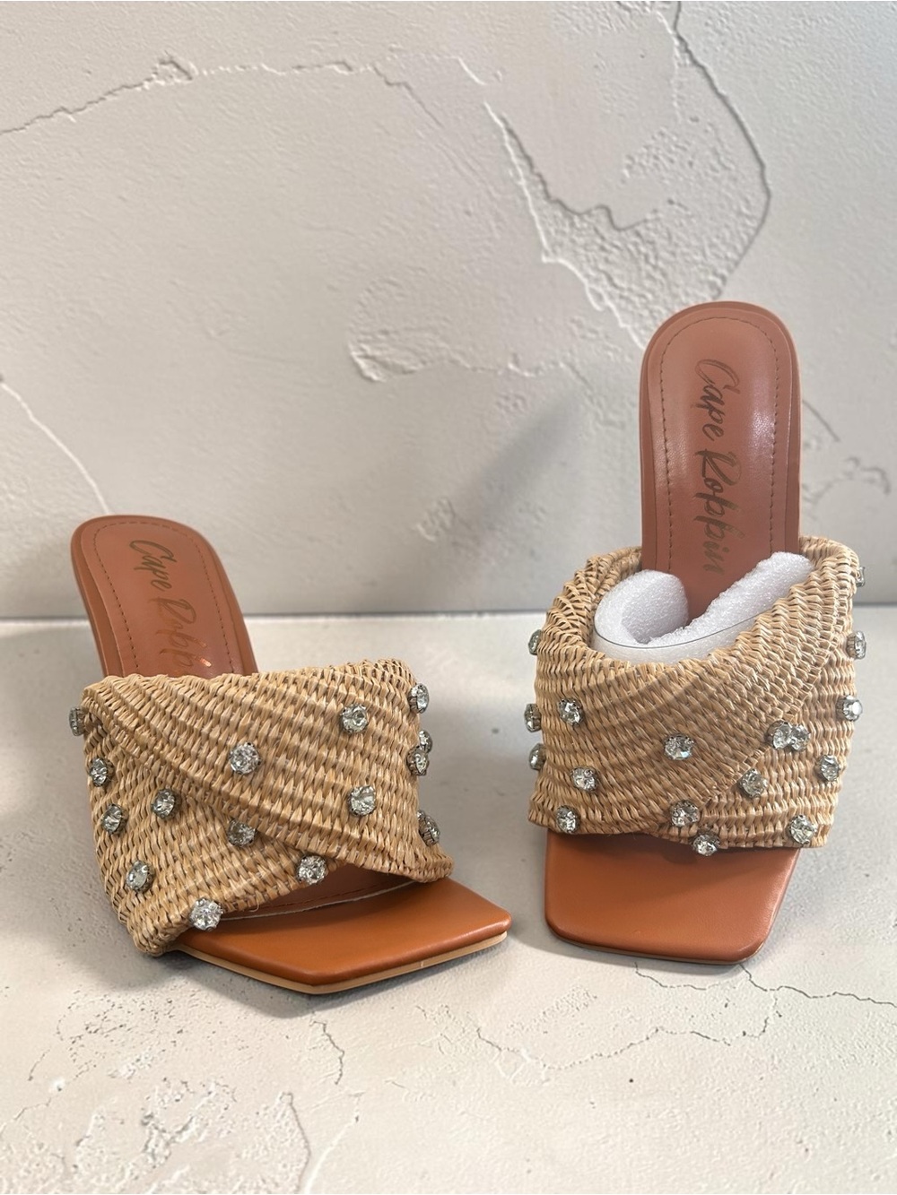 Cape Robbin Tan Woven Jeweled Slide Mules